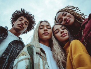 Fototapeta premium Four young women with long hair are standing close together, posing for a picture. Scene is friendly and casual, as the girls are enjoying each other's company and having fun