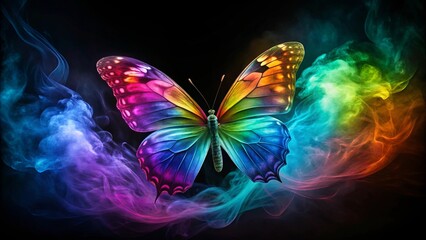 Vibrant multicolored smoky butterfly in flight against a dark background