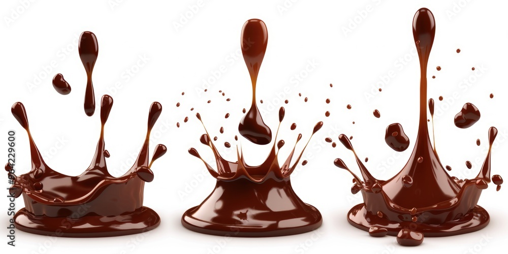 Poster three chocolate splatters on a white background. the splatters are in different sizes and shapes, cr