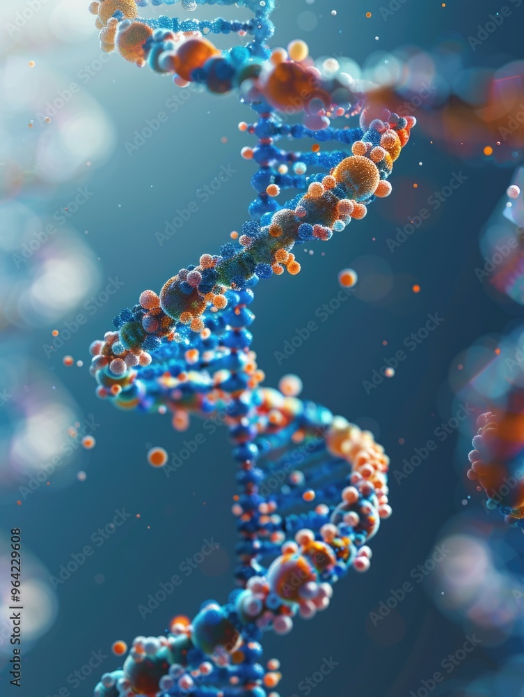Poster a colorful spiral of dna with many different colored spheres. the image is abstract and has a sense 