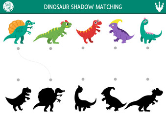 Dinosaur shadow matching activity with animals. Prehistoric puzzle with cute T-rex, brachiosaur, spinosaur. Find correct silhouette printable worksheet or game. Dino land page for kids