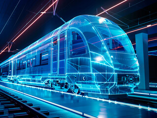 Electric train visualization with augmented reality Transparent electric train in studio drawing in blue colors