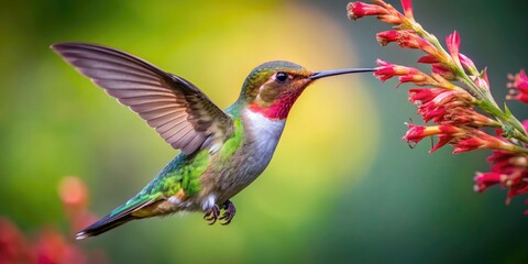 Fototapeta premium A Hummingbird Hovers Gracefully Before A Vibrant Bloom, Its Long Beak Reaching Towards The Nectar Within The Flower'S Delicate Petals.