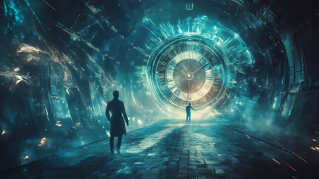 A time traveler encountering their past self in a paradoxical moment,. Parallel Universe. Illustration