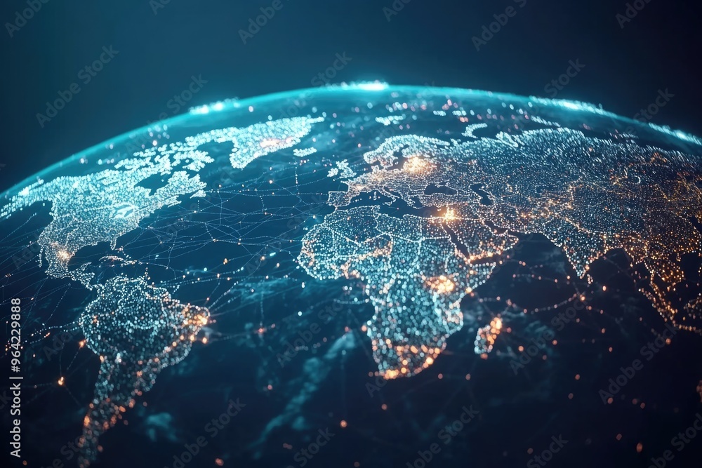 Poster a blue and white globe with a network of lights on it. the lights are scattered all over the globe, 