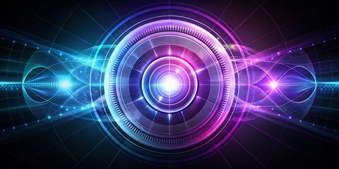 Abstract Composition of Geometric Shapes and Curves in Gradients of Blue and Purple Creating a Sense of Dynamic Efficiency in X-ray Imaging Technology with a Central Circle Representing 