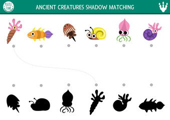 Dinosaur shadow matching activity with ancient water animals. Prehistoric puzzle with cute ammonite, fish, squid, seashell. Find correct silhouette printable worksheet or game with funny creatures