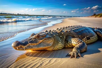 Naklejka premium A large American crocodile basks in the sun on a sandy beach in Myrtle Beach, its scaly skin glistening with dew amidst a serene coastal atmosphere.