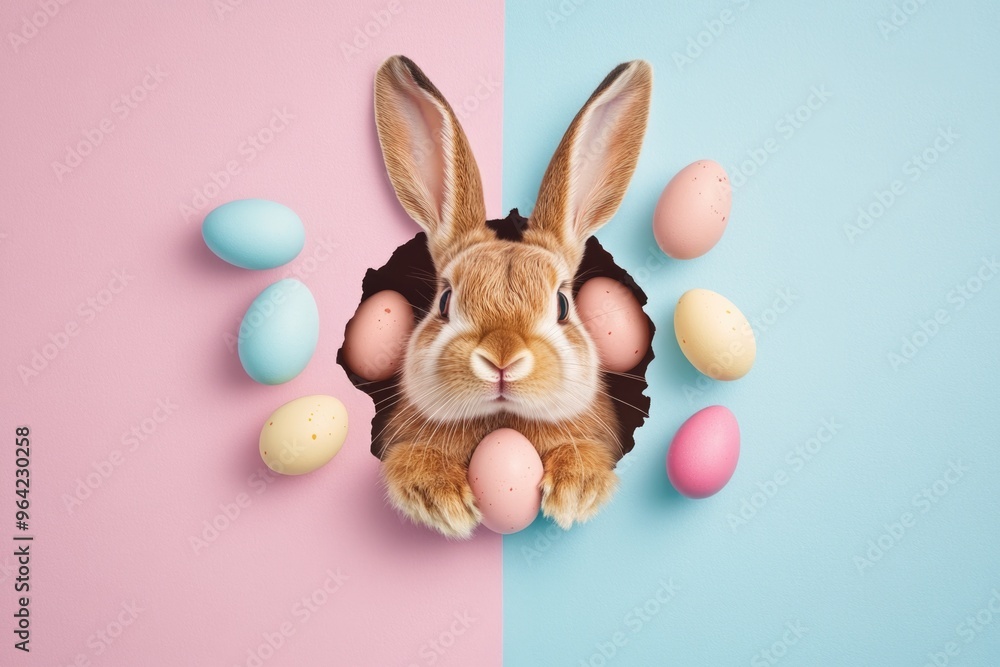 Poster a rabbit is peeking out of a hole in a wall, with a bunch of easter eggs surrounding it. the scene i