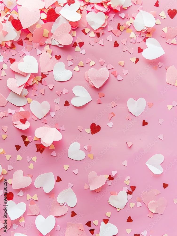 Poster a pink background with a lot of hearts scattered around it. the hearts are of different sizes and co