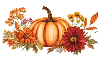 Naklejka premium Autumn Floral and Pumpkin Arrangement Vibrant Thanksgiving