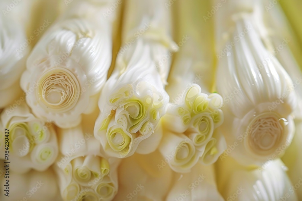 Poster a bunch of white asparagus with green tips. the asparagus are all different sizes and are all pointi