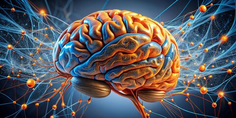 Detailed illustration of a brain PET Scan, featuring a vibrant orange and blue color scheme, set against a dark gray background with subtle neural network patterns