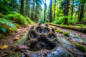 A large, majestic bearcat's paw print leaves a lasting impression in the damp forest floor, showcasing its powerful grip and gentle yet wild nature.