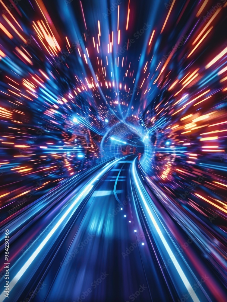 Poster a tunnel with a bright blue light shining through it. the tunnel is long and narrow, and the light i