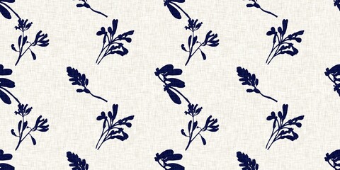 Indigo denim blue leaf motif seamless border. Japanese dye batik fabric style effect print edging swatch. 