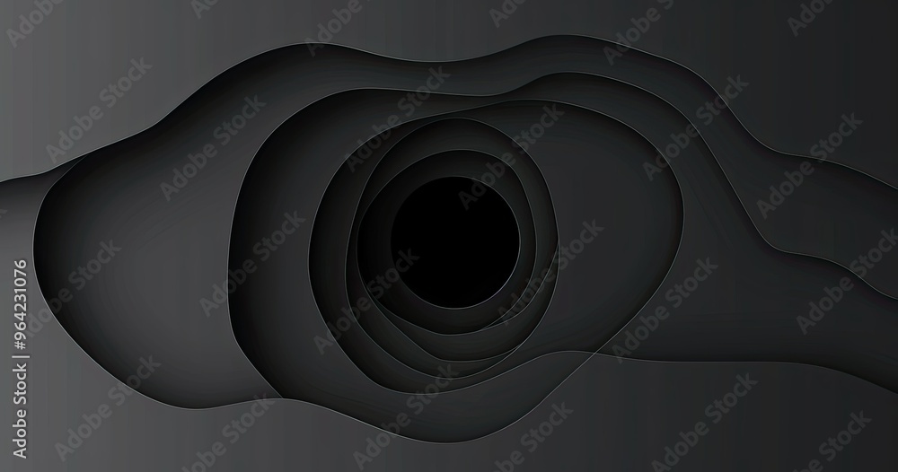 Poster a minimalist abstract design featuring swirling layers of dark tones converging into a central void.