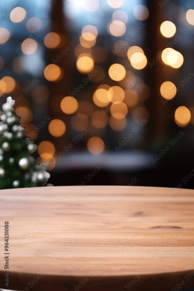Poster a wooden table with a christmas tree in the background. the table is empty and has a round shape