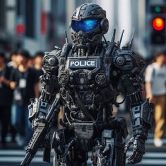 Fototapeta premium Close-up, detailed robotic police officers patrolling the streets, cyber punk style