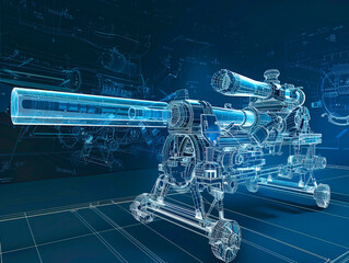 Howitzer visualization with augmented reality Transparent howitzer in studio drawing in blue colors