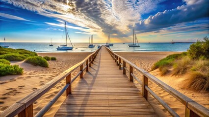 Fototapeta premium A Long Wooden Boardwalk Stretches Along A Sandy Beach With The Ocean And Sailboats In The Distance