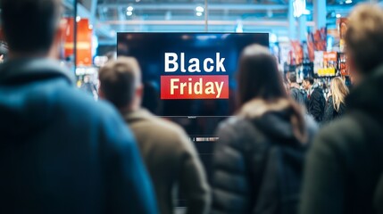 Shoppers eagerly eye black friday deals on a large mall screen, poised to take advantage of sales and discounts
