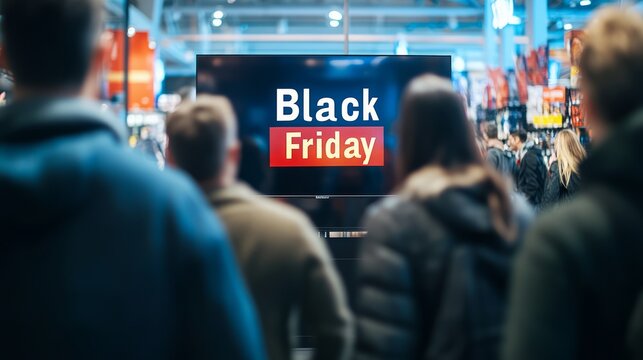 Shoppers eagerly eye black friday deals on a large mall screen, poised to take advantage of sales and discounts