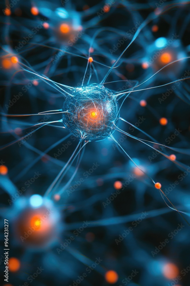 Aufkleber a close up of a brain with many neurons. the neurons are blue and orange. the image is a representat