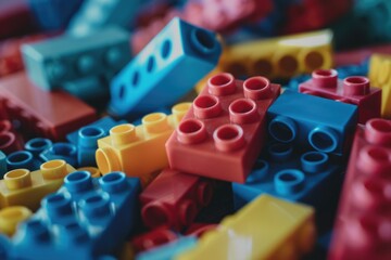 Naklejka premium A pile of colorful bricks with blue, red, and yellow pieces. Concept of playfulness and creativity, as scattered in various shapes and sizes