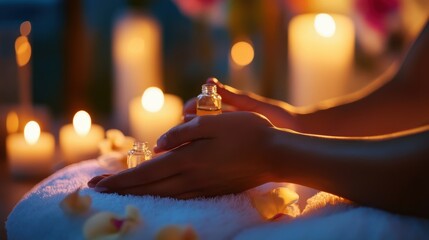Hands gently massaging essential oils, soft candlelight and a peaceful spa atmosphere