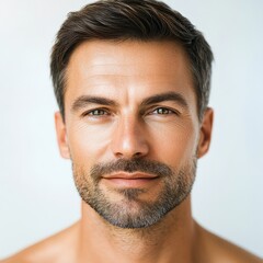 Obraz premium Radiant Young Man: 35 Year Old with Clear Skin, Isolated on White Background