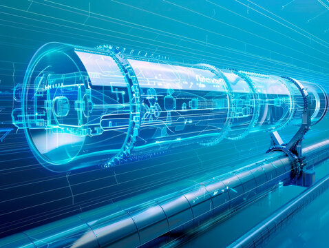 Hyperloop visualization with augmented reality Transparent hyperloop in studio drawing in blue colors. Blurred tunnel vision as concept for modern technology