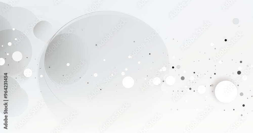 Poster a minimalist abstract design featuring varying sizes of circles and dots in shades of gray and white
