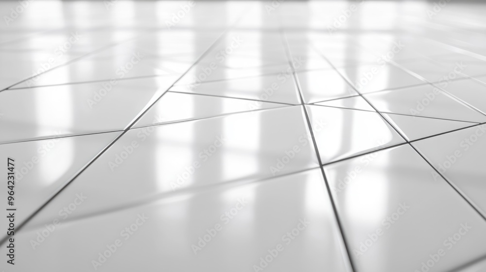 Poster a white tiled floor with a reflection of the light. the tiles are arranged in a diamond pattern