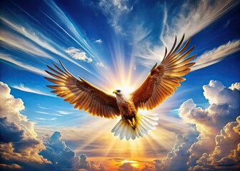 Obraz premium A majestic bird spreads its vibrant wings, soaring upwards into a bright blue sky with fluffy white clouds, surrounded by warm golden sunlight.