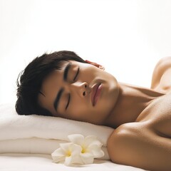 Obraz premium Radiant Asian Man Relaxing in a Serene Spa Setting with Healthy Skin - Isolated on White
