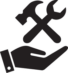 Hand hold up wrench and hammer icon Flat vector..