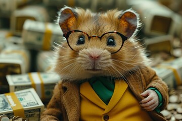 Funny hamster in suit and glasses against background of packs of money