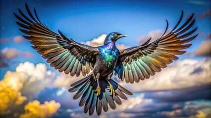 Obraz premium A Majestic Black Bird With Iridescent Feathers Glides Elegantly Through The Open Sky, Its Wings Outstretched In A Graceful Arc.
