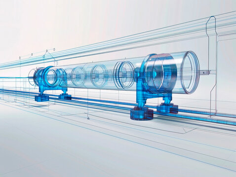 Hyperloop visualization with augmented reality Transparent hyperloop in studio drawing in blue colors. Blurred tunnel vision as concept for modern technology