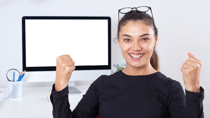 woman using computer at office