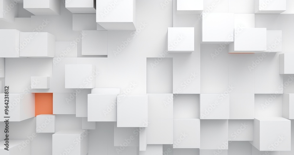 Poster a minimalist abstract design featuring white cubes of varying sizes with a single orange cube, creat