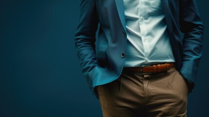 A man in a blue jacket and white shirt is standing with his hands in his pockets. The jacket is patterned and the pants are brown. The man is confident and relaxed