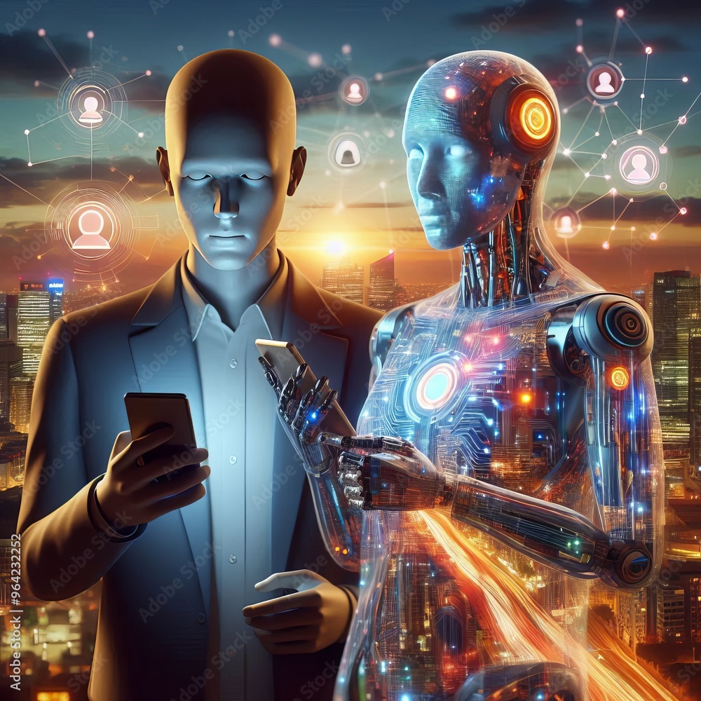 Poster a human and a robot stand side by side, each holding smartphones, against a backdrop of a cityscape 
