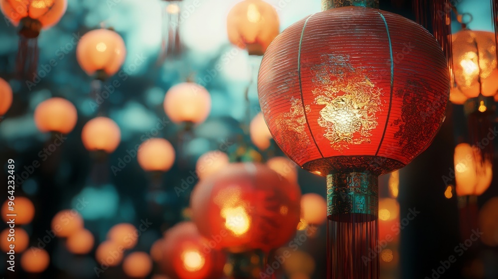 Wall mural Red Chinese lanterns illuminated at dusk, with a blurred background of other lanterns.