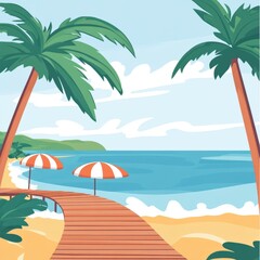 Obraz premium Cartoon Beach Boardwalk Stock Image: Perfect for Business Backgrounds