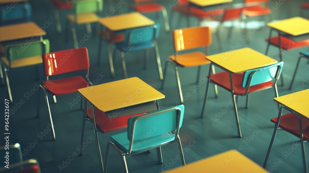 Poster a row of colorful chairs and tables are arranged in a classroom. the chairs are of different colors 