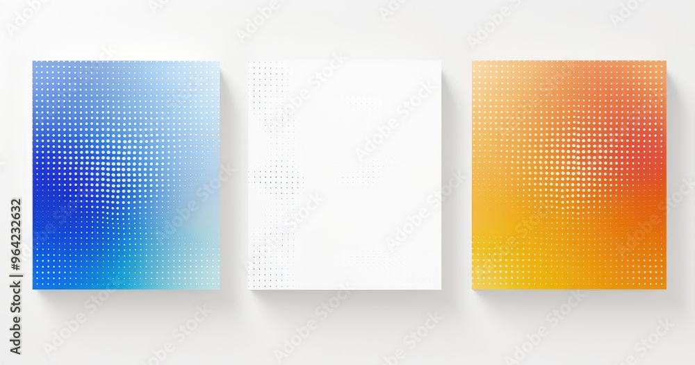 Poster a minimalist artwork featuring three square panels with gradient color patterns in blue, white, and 
