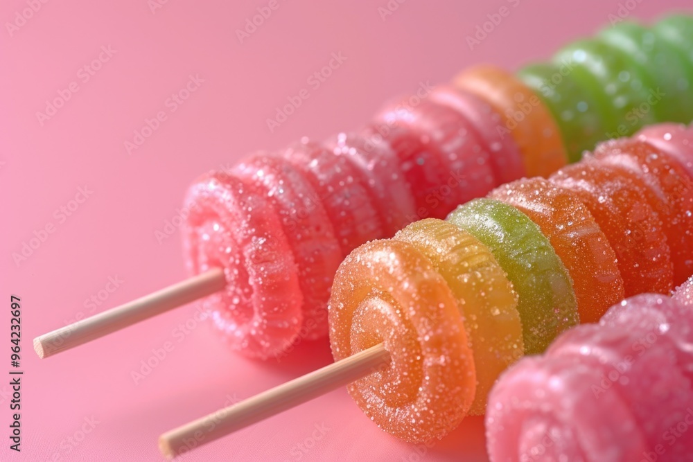 Aufkleber a row of colorful lollipops on a pink background. the lollipops are arranged in a spiral pattern, wi