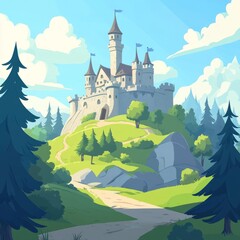 Obraz premium Cartoon Castle Hilltop Stock Illustration - Business Background